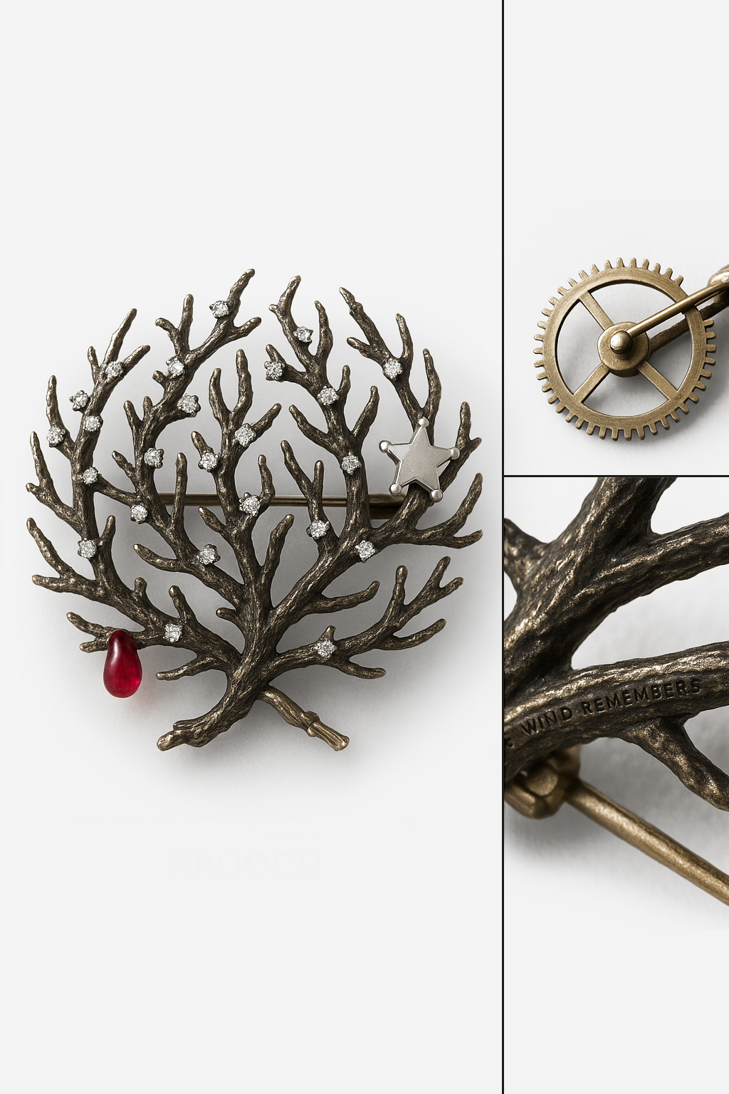 product shot of 'The Tumbleweed Brooch', a couture jewelry piece inspired by literary desert surrealism. A tumbleweed is sculpted in 18k oxidized gold, its twisted branches studded with:
 Micro diamonds, a tiny silver sherif's badge affixed to one of the branches and a ruby drapped over another branch like fragment of silk ribbon. Images shows detail of clasp: A vintage pocket watch gear repurposed as the pin mechanism and a tiny manifesto line ("The wind remembers") laser-etched on the broach's underside